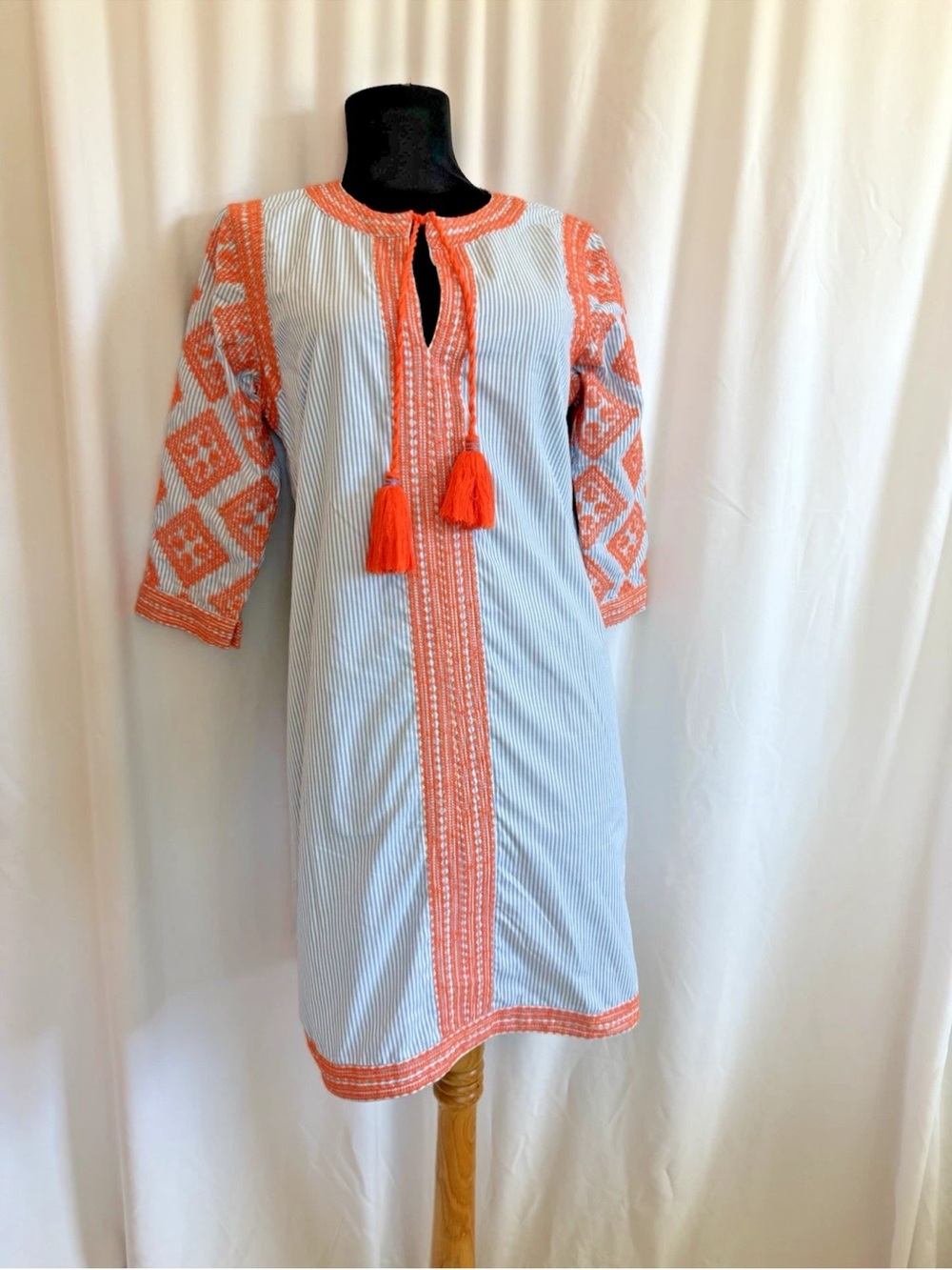 Gretchen Scott Blue White Striped Orange Embroidered Dress - Size Extra Small